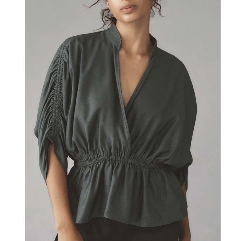 Anthropologie Maeve Peplum Top Ruched Medium Green Boho Earthy Elevated Artsy